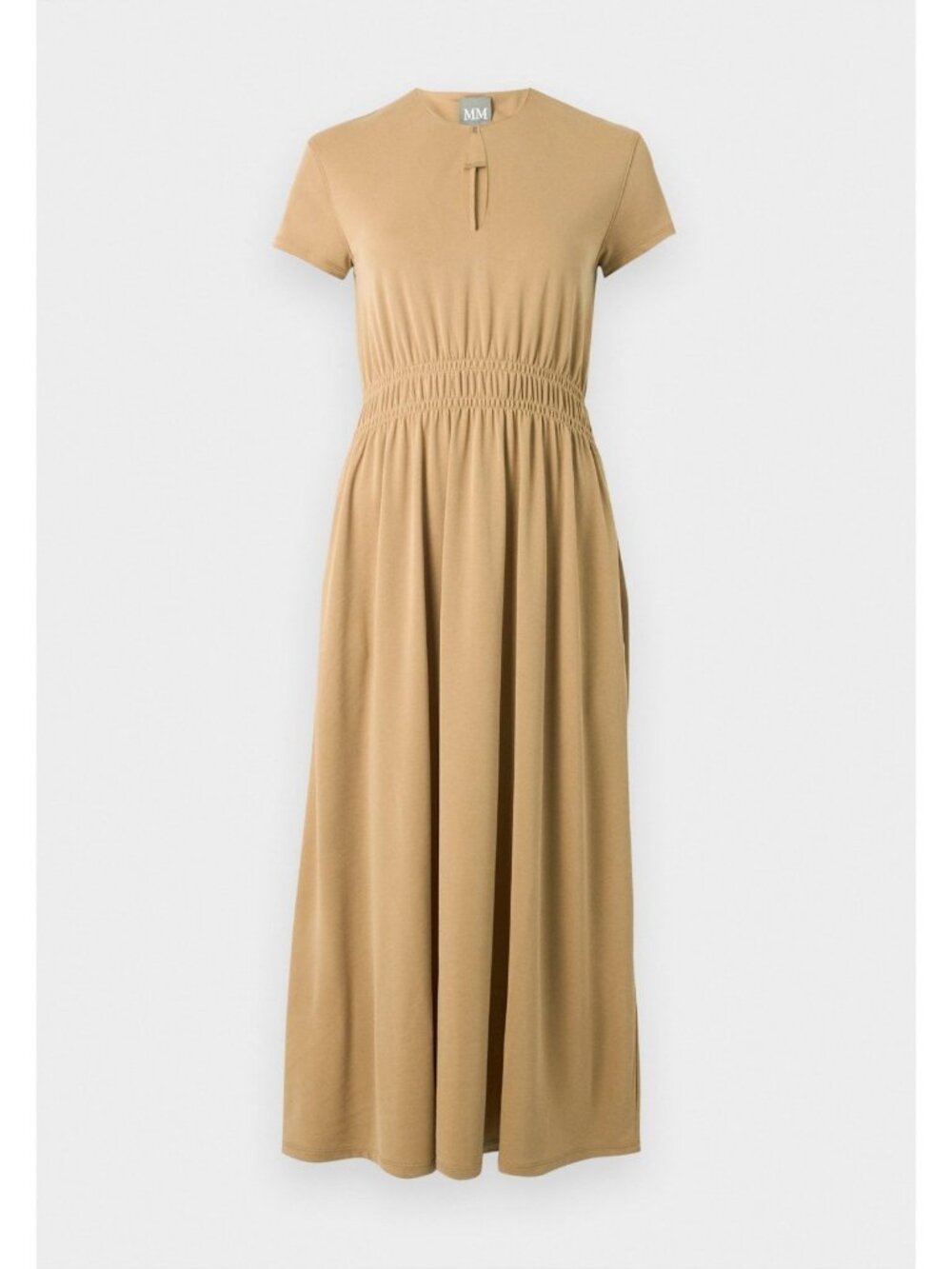 MM Max Mara Women's Glizia Camel Jersey Midi Dress Short Sleeve Keyhole IT 36